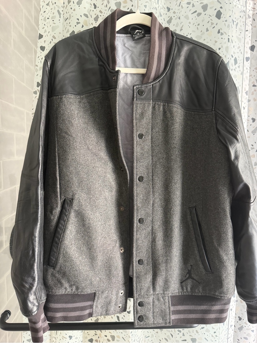 Jordan Men's Gray Wool and Black Leather Bomber Jacket